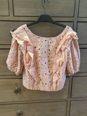 Pinko Blush Pink Eyelet Ruffle Puff-Sleeve Cotton Blouse